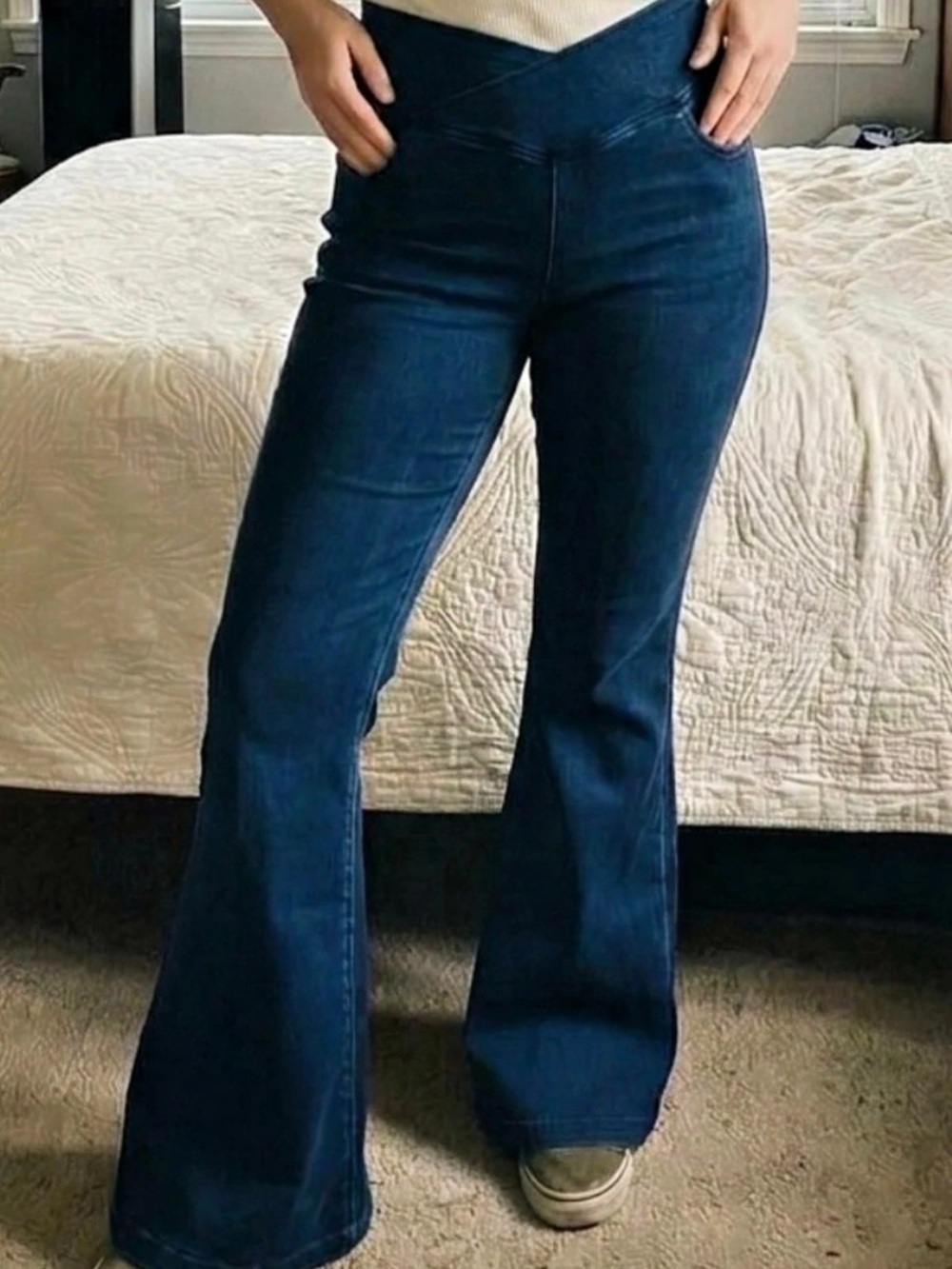 Flex High Waisted Crossover Pocket Washed Casual Flare Jeans Flare Jeans